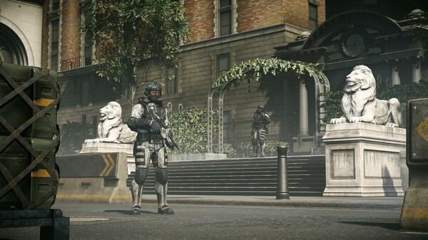Screenshot from Crysis 2 Remastered showing soldiers in tactical gear near a building entrance with lion statues.