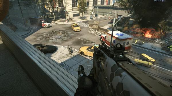 Crysis 2 Remastered screenshot: A player aims from a rooftop, overlooking a street with cars, an ambulance, and a fiery explosion.