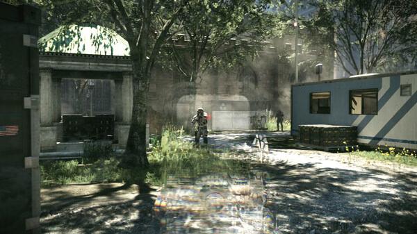 Crysis 2 Remastered screenshot: A soldier in futuristic armor stands in a lush park area, aiming a gun amidst trees and buildings.