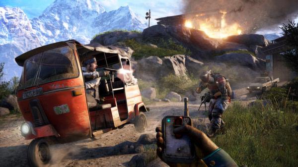 Far Cry 4 screenshot showing a player holding a detonator, an exploding building, and a chaotic fight near a red vehicle in a mountainous area.