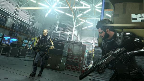 Deus Ex: Mankind Divided screenshot showing two armed characters in a high-tech facility with illuminated ceiling lights.