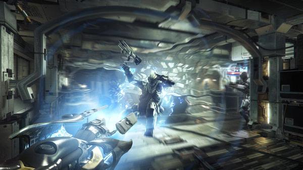 Deus Ex: Mankind Divided screenshot showing a combat scene with a futuristic weapon aimed at an armored enemy amidst blue energy.
