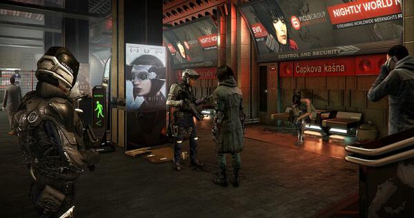 Screenshot of Deus Ex: Mankind Divided showing armed guards and civilians in a futuristic train station with bright advertisements.