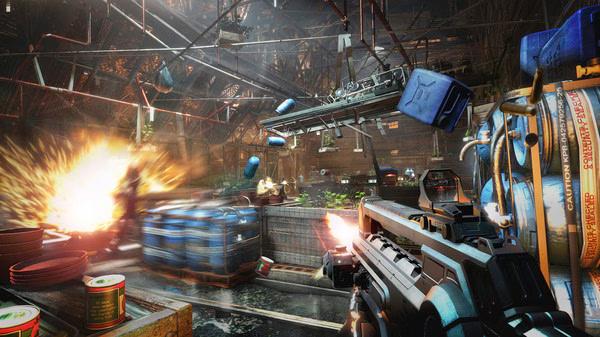 Screenshot from Deus Ex: Mankind Divided showing a futuristic gun firing in a cluttered room with explosions and debris.