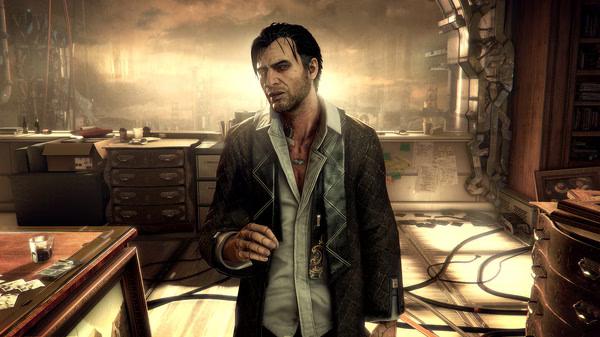 A screenshot from Deus Ex: Mankind Divided shows a man standing in a cluttered room with a futuristic cityscape visible outside.