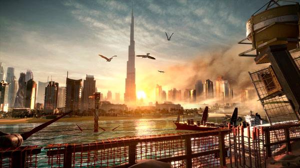 Screenshot from Deus Ex: Mankind Divided showing a futuristic cityscape at sunset, with tall skyscrapers and birds in the sky.