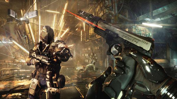 Deus Ex: Mankind Divided screenshot showing an armed soldier and a detailed futuristic weapon in a dimly lit industrial setting.
