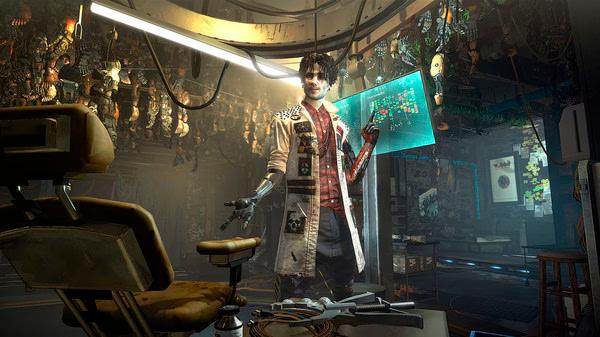 A screenshot from Deus Ex: Mankind Divided showing a futuristic lab with a scientist examining a glowing digital screen.