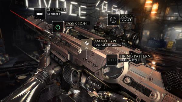 Screenshot from Deus Ex: Mankind Divided showing a detailed view of a combat rifle with various attachments highlighted.