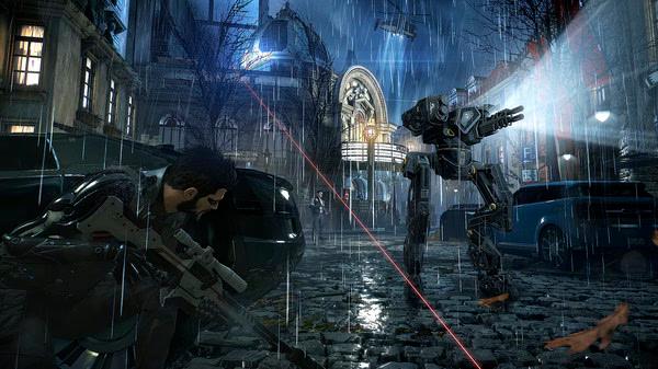 Deus Ex: Mankind Divided screenshot: A character with a weapon hides behind a car, facing a large mech on a rainy street.