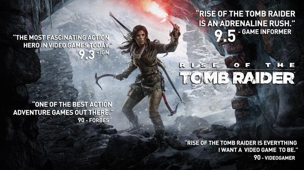 Lara Croft climbs an icy cliff wielding a torch in Rise of the Tomb Raider. Official game screenshot with review scores.