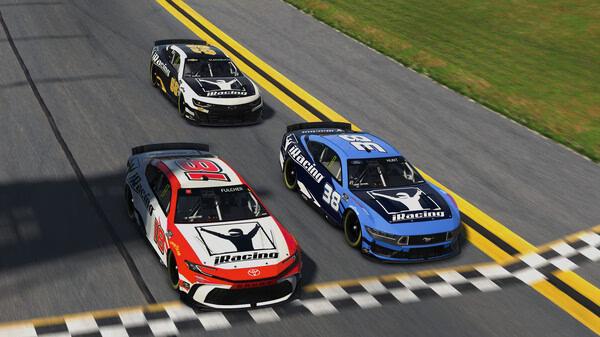 Three race cars compete on a track in iRacing. The screenshot shows intense action near the finish line.