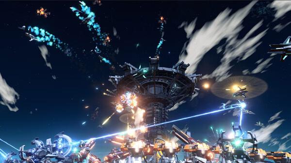 Dyson Sphere Program screenshot: A futuristic space station surrounded by ships, lasers, and explosions under a cloudy night sky.