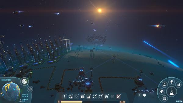 Dyson Sphere Program screenshot showing a futuristic factory with solar panels and a planet under a glowing sun in space.