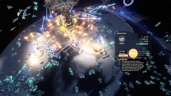 Screenshot from Dyson Sphere Program showing a bustling space station with glowing structures and spacecraft activity.