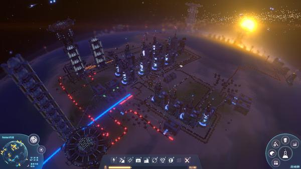 Screenshot from Dyson Sphere Program showing a complex factory setup on a planet with a star rising in the background.