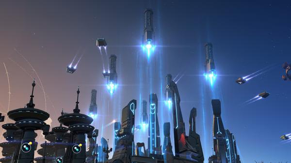 Screenshot of Dyson Sphere Program showing futuristic towers, glowing blue lights, and flying spacecraft against a dusk sky.