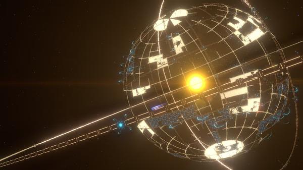 Screenshot from Dyson Sphere Program showing a massive, glowing Dyson Sphere structure surrounding a star in space.