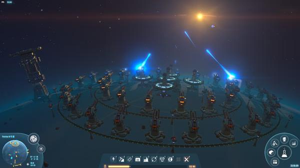 Screenshot of Dyson Sphere Program showing a futuristic energy grid with towers on a planet under a bright sunlit sky.
