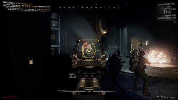 GTFO screenshot: Players navigate a dark, industrial environment, aiming at a creature through a weapon sight.