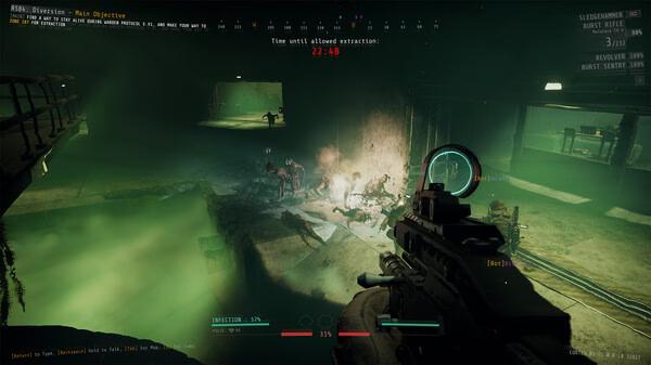 Screenshot from GTFO showing a player aiming at a group of creatures in a dimly lit, green-hued underground area.