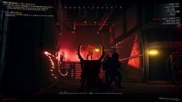 GTFO screenshot showing a team navigating a dimly lit corridor with red lighting, preparing for a security scan.