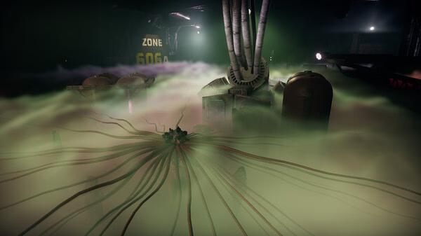 GTFO screenshot: A mysterious, foggy room in Zone 606 with cables and machinery, creating an ominous atmosphere.