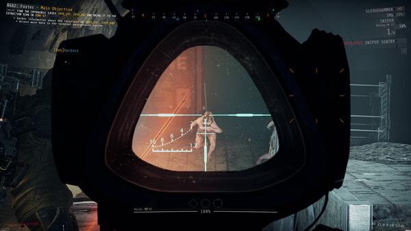 Screenshot from GTFO showing a player aiming at a humanoid enemy through a gun scope in a dimly lit, industrial setting.