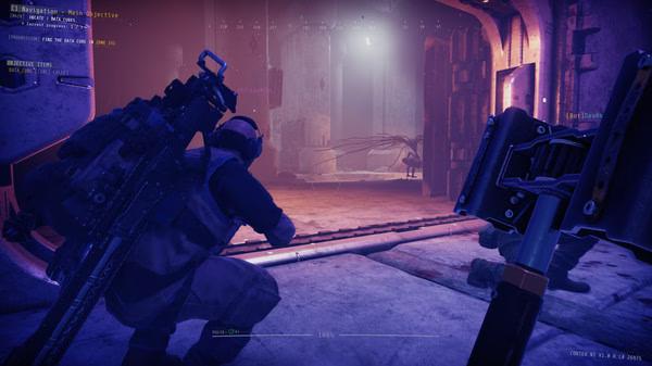 A GTFO screenshot showing a player character crouching with a weapon, facing a dimly lit, eerie corridor and an open door.