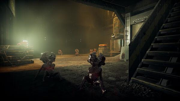 GTFO screenshot: In a dimly lit industrial area, two hunched creatures sit near stairs, with more visible in the background.