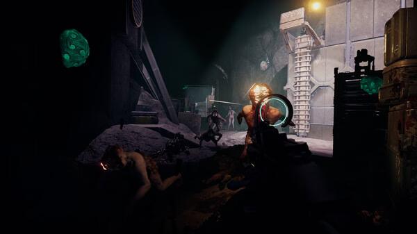 GTFO screenshot: Players battle grotesque monsters in a dark industrial cave, with glowing green spores floating around.