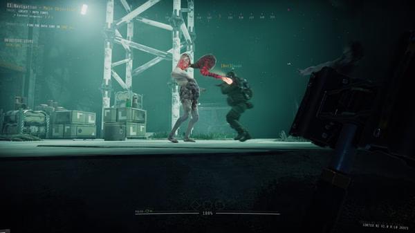 GTFO screenshot: Two players confront a monstrous creature in a dark industrial setting, ready for combat.