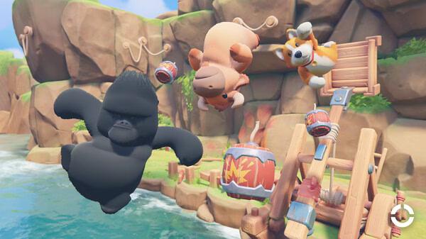 Screenshot from Party Animals showing a gorilla, a pig, and a corgi mid-air over a colorful, rocky seaside environment.