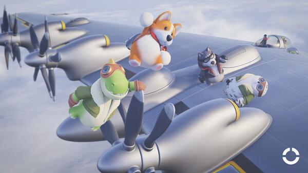 Screenshot from Party Animals showing cute animal characters on a flying plane, including a corgi, duck, and others in action.