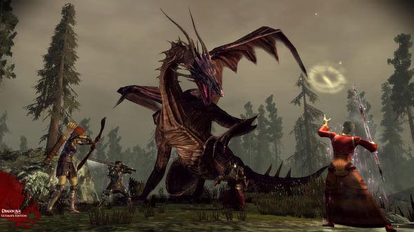 Screenshot from Dragon Age: Origins shows a battle scene with a group of characters fighting a large dragon in a forested area.