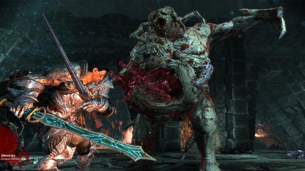 A Dragon Age: Origins screenshot showing a warrior battling a grotesque monster in a dark, stone-walled dungeon.