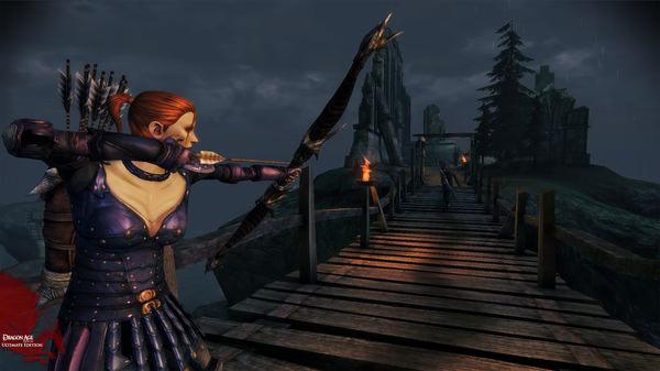 Screenshot from Dragon Age: Origins showing a character with a bow drawn, standing on a wooden bridge in a dark, misty setting.