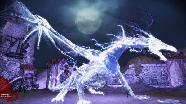 A screenshot from Dragon Age: Origins showing a glowing, ethereal dragon in a ruined village under a full moon.