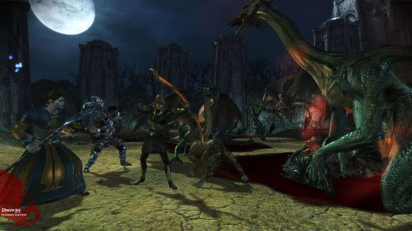 Dragon Age: Origins screenshot showing a group of heroes battling dragon-like creatures in a dark, eerie battlefield under a full moon.