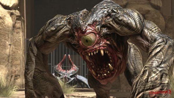 Screenshot from Serious Sam 3: BFE shows a large, one-eyed monster with sharp teeth in a desert setting, ready to attack.