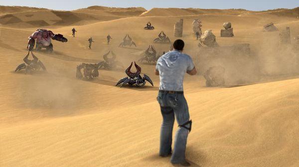 Serious Sam 3: BFE screenshot showing the protagonist facing alien enemies in a dusty desert with scattered ruins in the background.