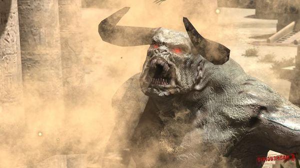 Screenshot from Serious Sam 3: BFE showing a monstrous creature with red eyes and horns emerging from a dusty battlefield.