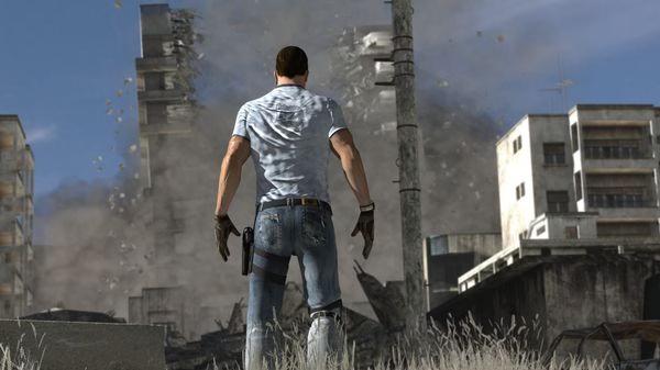 Screenshot from Serious Sam 3: BFE showing the protagonist facing a crumbling urban landscape with debris in the air.