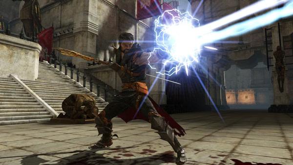 A Dragon Age II screenshot showing a character casting a glowing lightning spell in a stone courtyard with stairs and banners nearby.