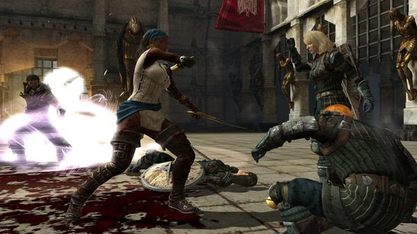 Dragon Age II screenshot: A battle scene with Isabela wielding a dagger, surrounded by enemies in a bloodstained, statue-filled hall.
