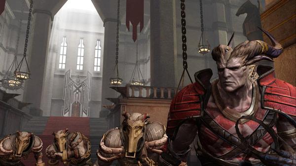 Dragon Age II screenshot showing a group of armored Qunari warriors in a grand hall with high ceilings and ornate decorations.
