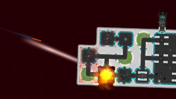 Screenshot from Heat Signature showing a spaceship with a bright explosion on its side, set against a starry space background.