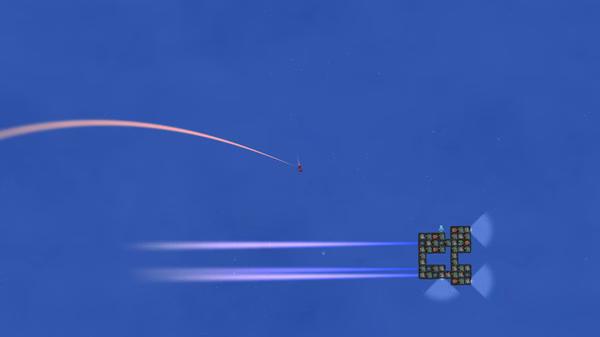 Screenshot from Heat Signature showing a small spaceship leaving a trail as it approaches a larger, grid-like space station.