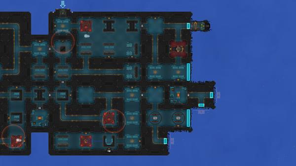 Heat Signature screenshot: A space station layout with highlighted areas and corridors, set against a blue cosmic background.