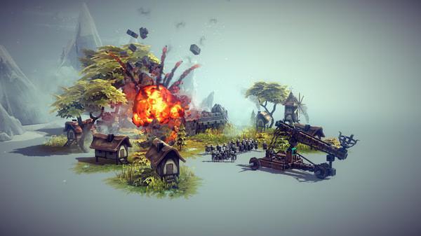Besiege screenshot: A fiery explosion erupts near a medieval village as a siege weapon launches projectiles amidst chaos.